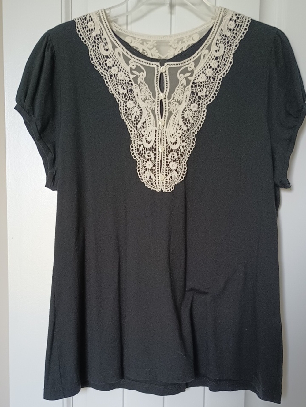 Marks & Spencer Black Short-Sleeve Tee with Cream Crochet Bib Detail